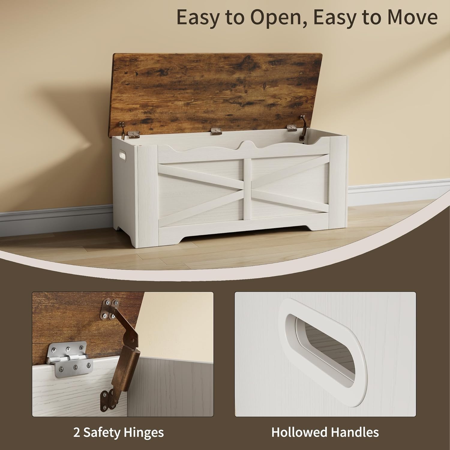 47.2" Wooden Storage Bench, Flip Top Trunk with 2 Safety Hinges, 300lbs Capacity, Multifunctional Entryway Bench for Hallway Bedroom Living Room, Blanket Organizer, White Walnut
