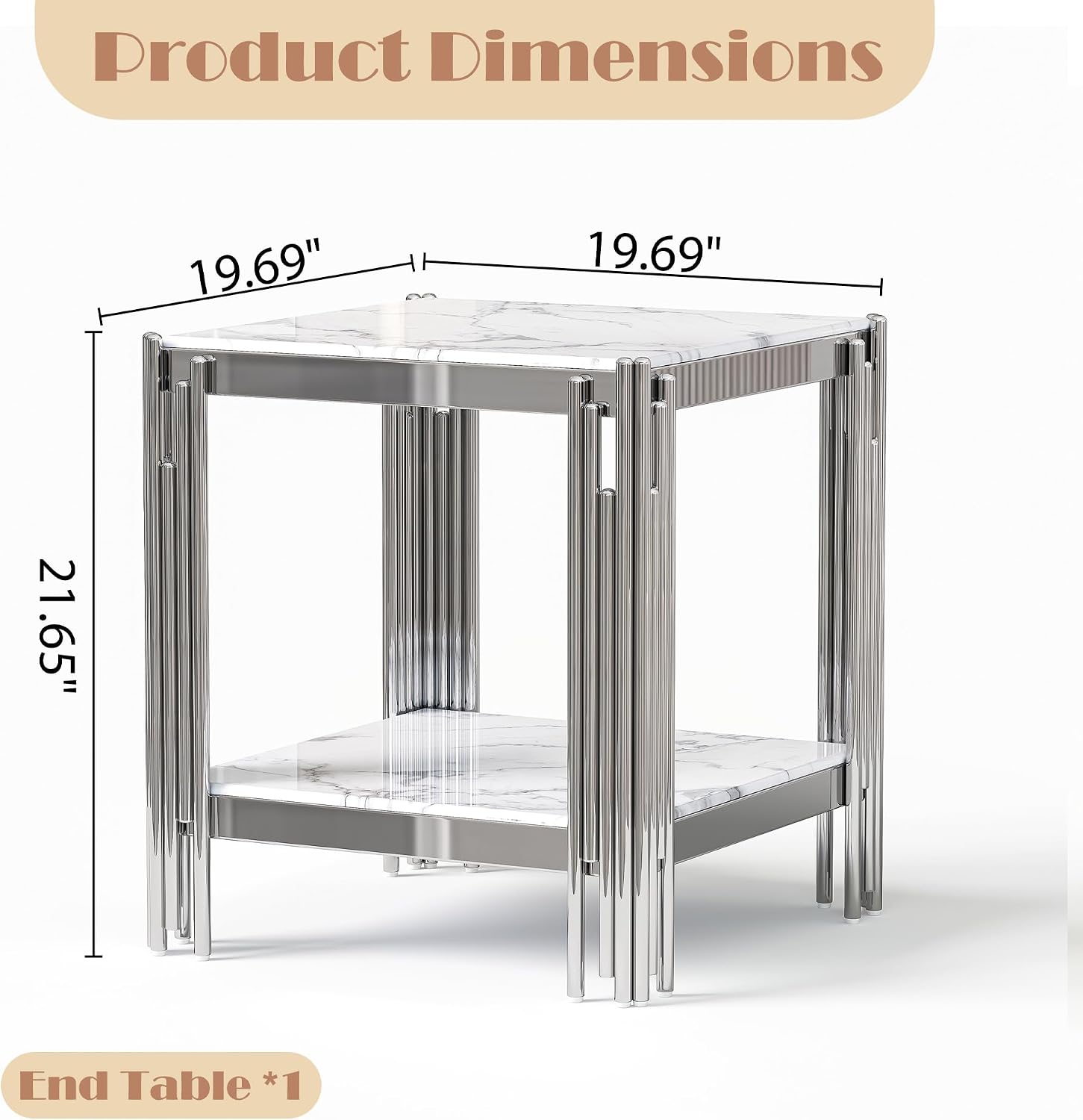 19" White Marble Side Table, 2-Tier Square Modern End Table with Silver Stainless Steel Metal Leg, Luxury Small Sofa Table for Living Room, Home Office