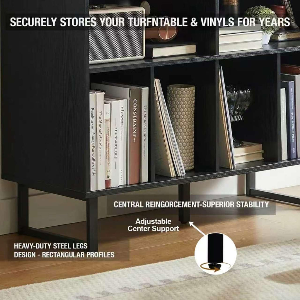 Large Record Player Stand with Storage 1000+ Albums, Mid Century Modern Turntable Stand Cabinet, Record Player Table Media Console TV Stand Bookshelf for Living Room, Black Walnut