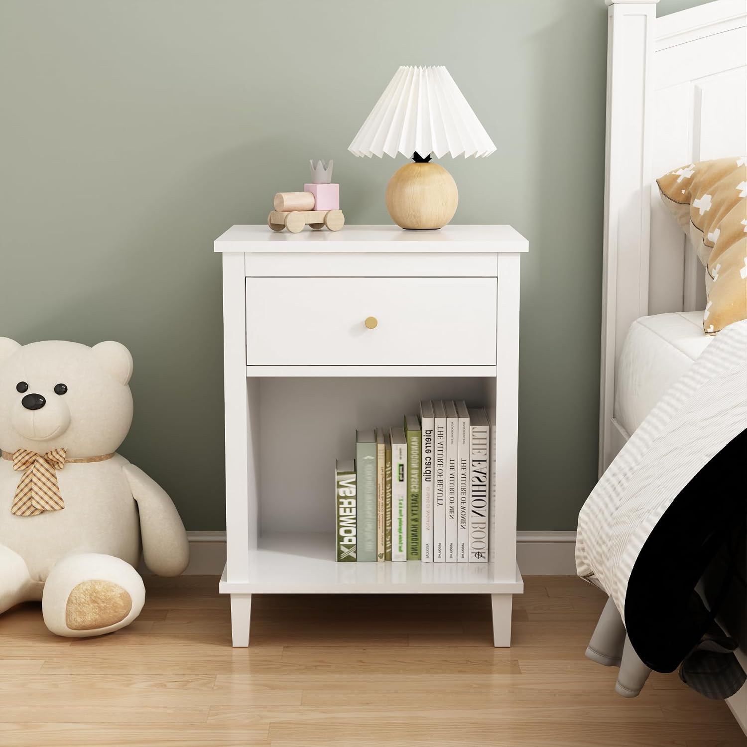 Kids Nightstand with One Drawer, 26.77''H Wooden Toddler Night Stand for Girls Bedroom, End Table One Shelf for Living Room, Small Modern Kids Bedside Table, White