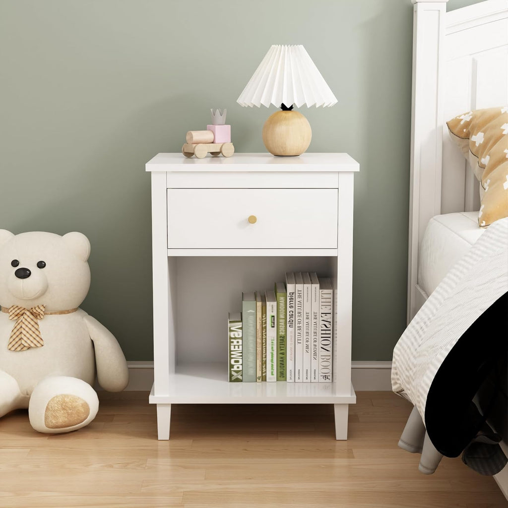 Kids Nightstand, Modern Night Stand with One Drawer and One Open Shelf, Wooden Bedside Table for Living Room, Bedroom, Toddler Nightstand for Boys and Girls, White