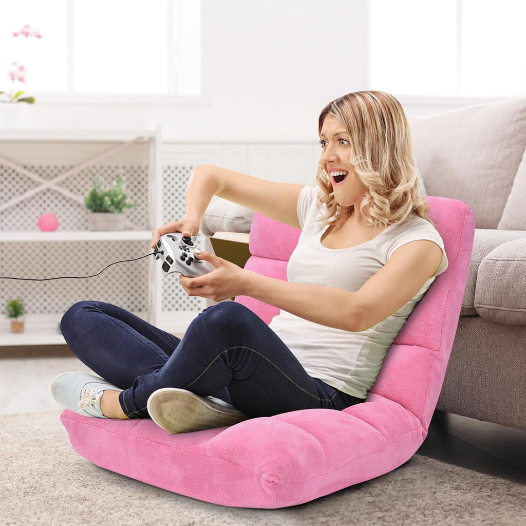 RELAX4LIFE Floor Chair with Back Support - 14-Position Adjustable Lazy Sofa Chair, Padded Sleeper Bed & Couch Recliner for Reading Meditation, Folding Floor Gaming Chair for Adults (Pink)