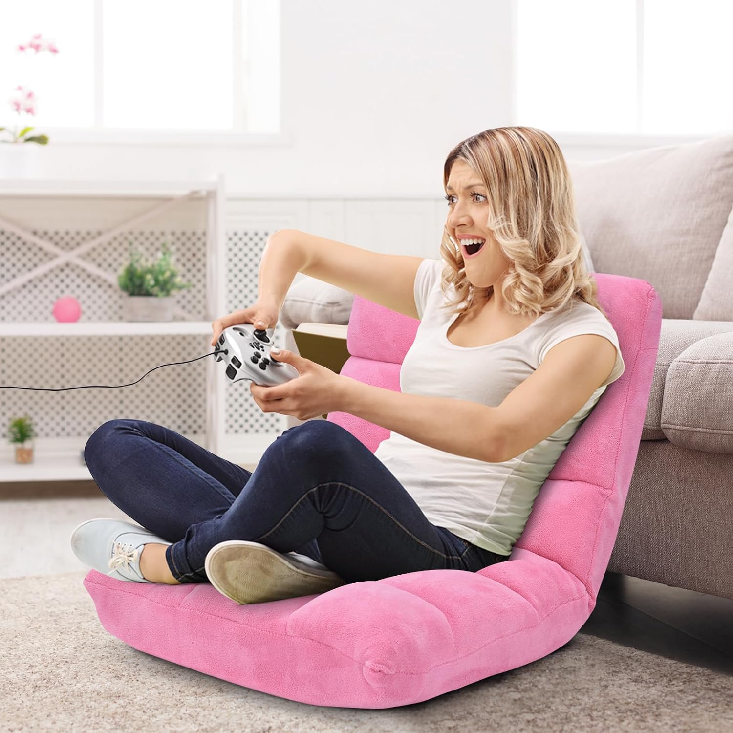 RELAX4LIFE Floor Chair with Back Support - 14-Position Adjustable Lazy Sofa Chair, Padded Sleeper Bed & Couch Recliner for Reading Meditation, Folding Floor Gaming Chair for Adults (Pink)