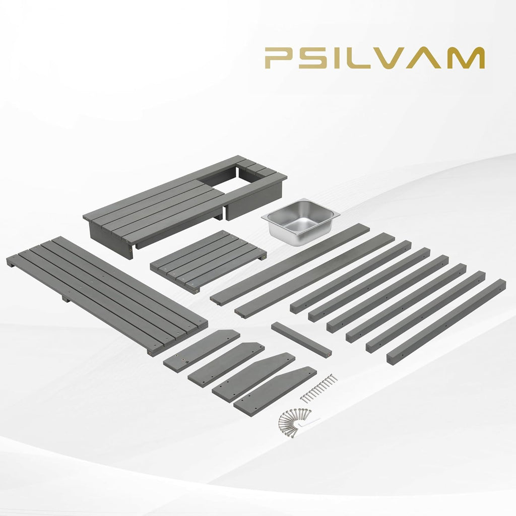 Psilvam Outdoor Potting Bench with Sink, Rot-Resistant HDPS Potting Table for Outside Garden, All-Weather Use (Gray)