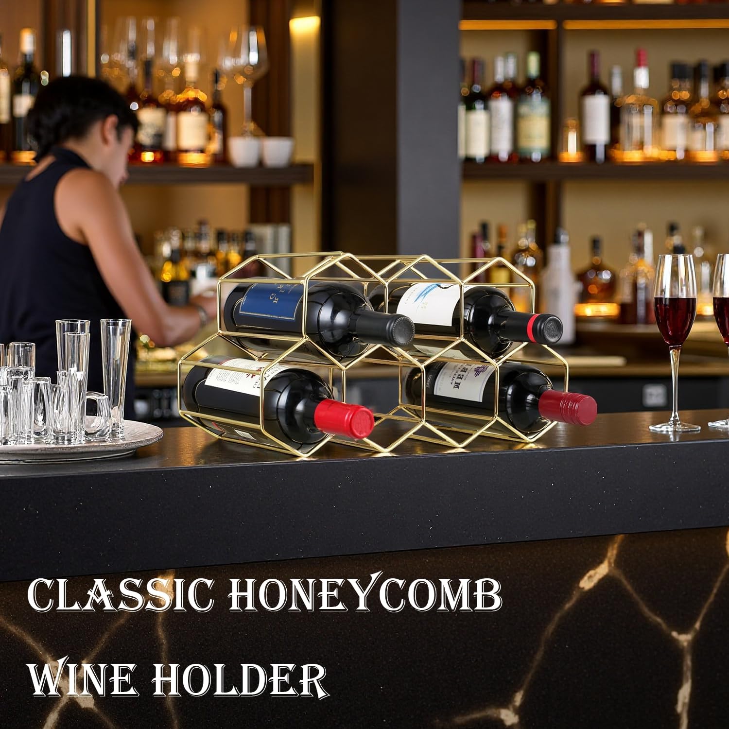 Buruis 9-Bottle Countertop Wine Rack, Honeycomb Metal Wine Holder, Gold | No Assembly Required, Space-Saving Wine Storage, Kitchen Bar Organizer, Red & White Wine Display, Modern Home Decor