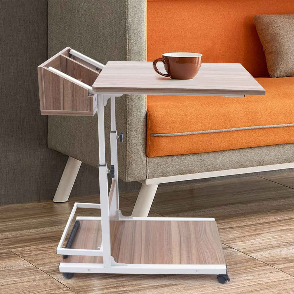 C Shaped End Table, Height Adjustable Sofa Side Tables with Side Storage 2 Tier Mobile Couch End Table on Lockable Wheels for Living Room Bedroom Small Spaces(Antique Oak Color)