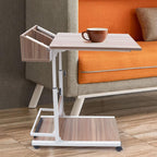 C Shaped End Table, Height Adjustable Sofa Side Tables with Side Storage 2 Tier Mobile Couch End Table on Lockable Wheels for Living Room Bedroom Small Spaces(Antique Oak Color)