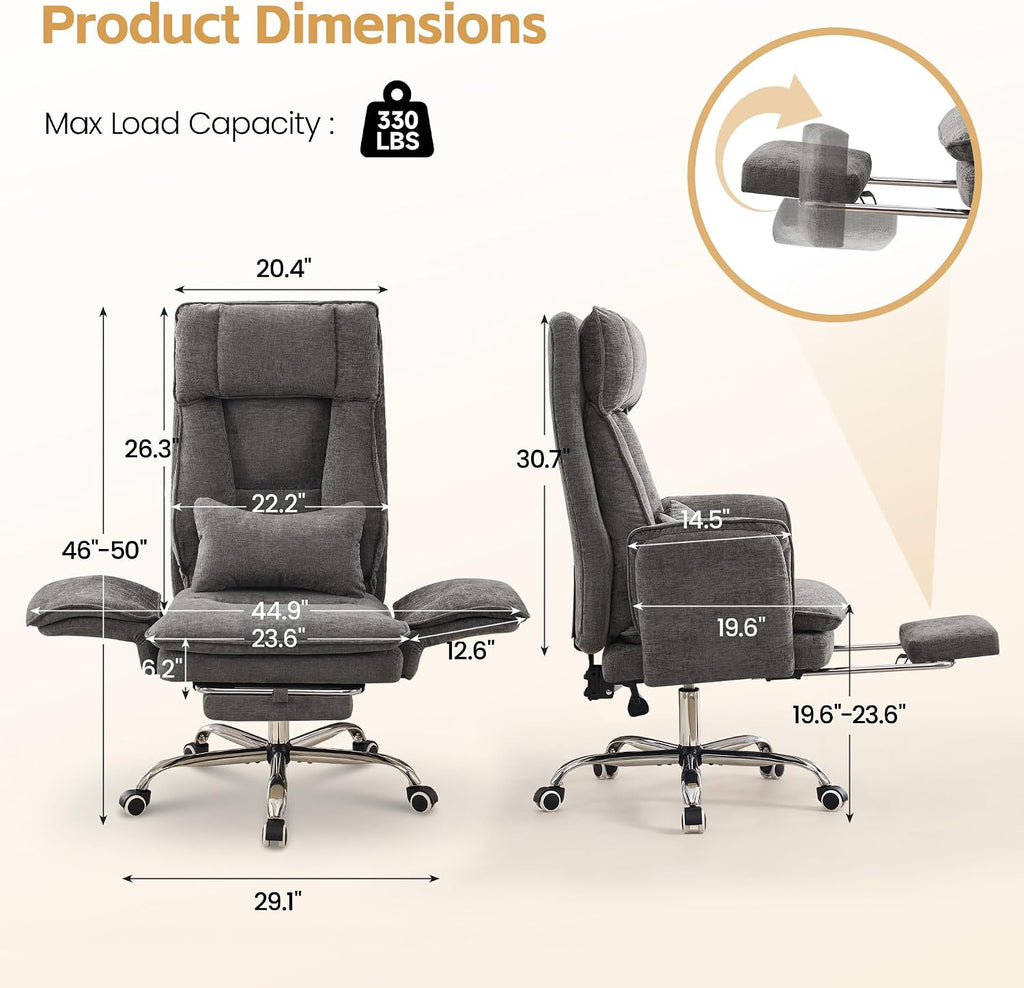 Big and Tall Office Chair, Cloud Reclining Office Chair with Footrest & Flip Armrest for Pets, Executive Ergonomic Criss Cross Desk Chair, Swivel Gaming Chair with Lumber Pillow, Chenille Light Grey