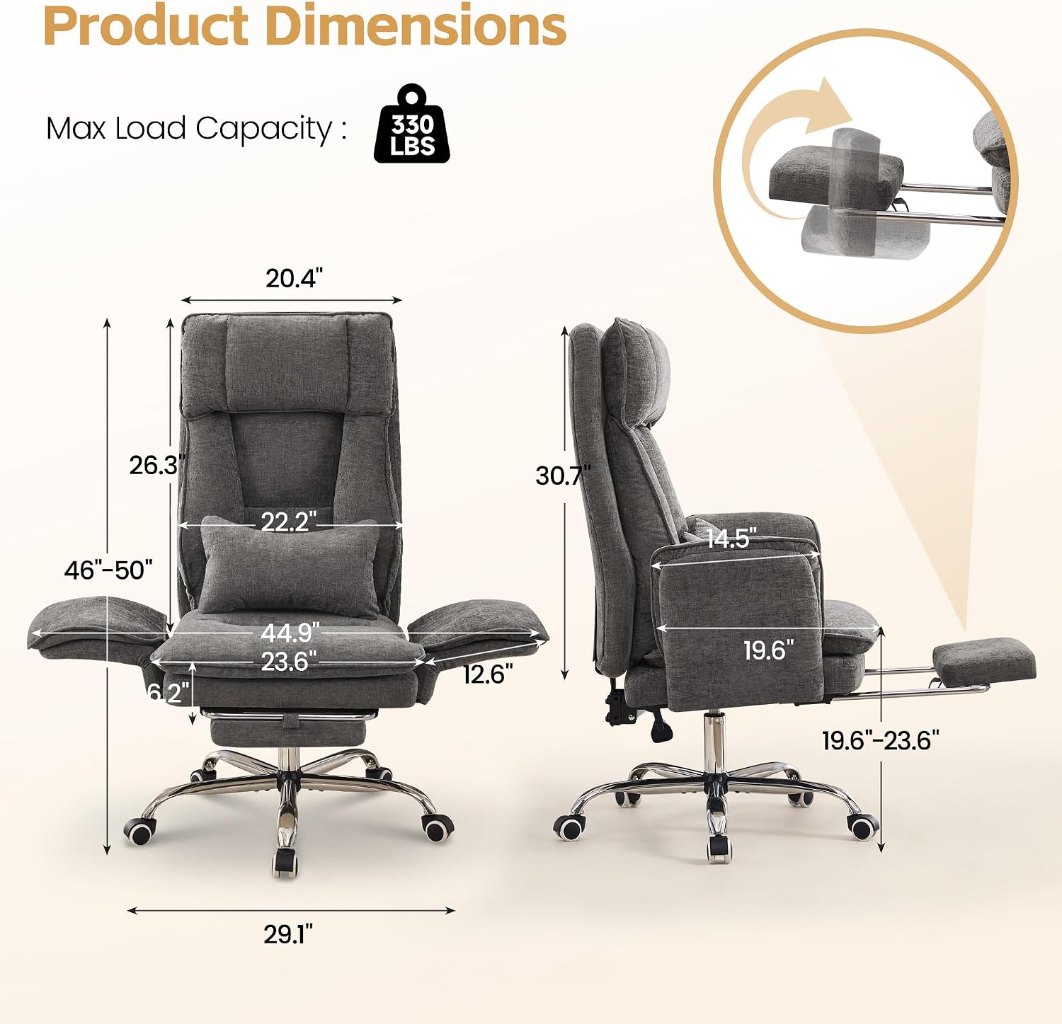 Big and Tall Office Chair, Cloud Reclining Office Chair with Footrest & Flip Armrest for Pets, Executive Ergonomic Criss Cross Desk Chair, Swivel Gaming Chair with Lumber Pillow, Chenille Light Grey