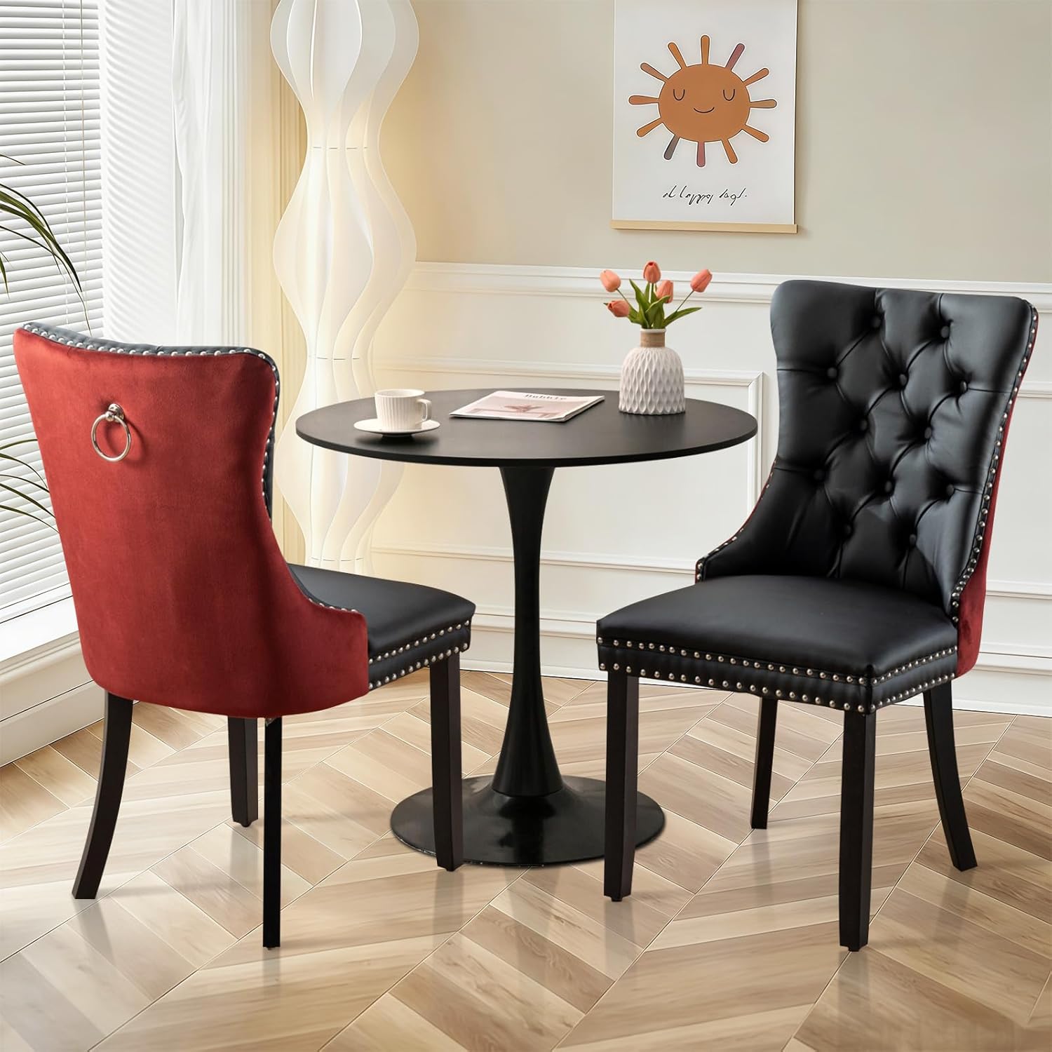 3-Pieces Dining Sets, 31.5" Round Dining Table Set with 2 Velvet Upholstered Dining Chairs,Wooden Legs Design for Kitchen Dining Room Apartment Small Space(1 Black Table with 2 Black&Wine Red Chairs)