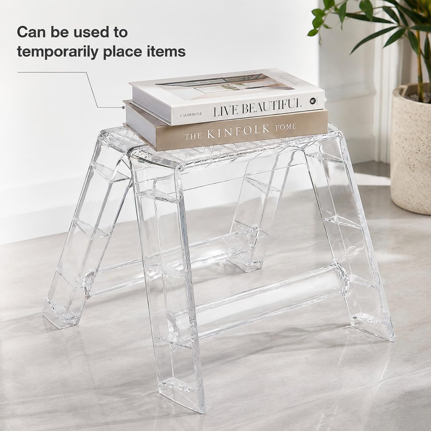 Clear Acrylic-Style Folding Stool, Portable Lightweight Folding Seat, Compact Space Saving Stool for Bathroom, Vanity, Bedroom, Closet & Small Spaces(Transparent)