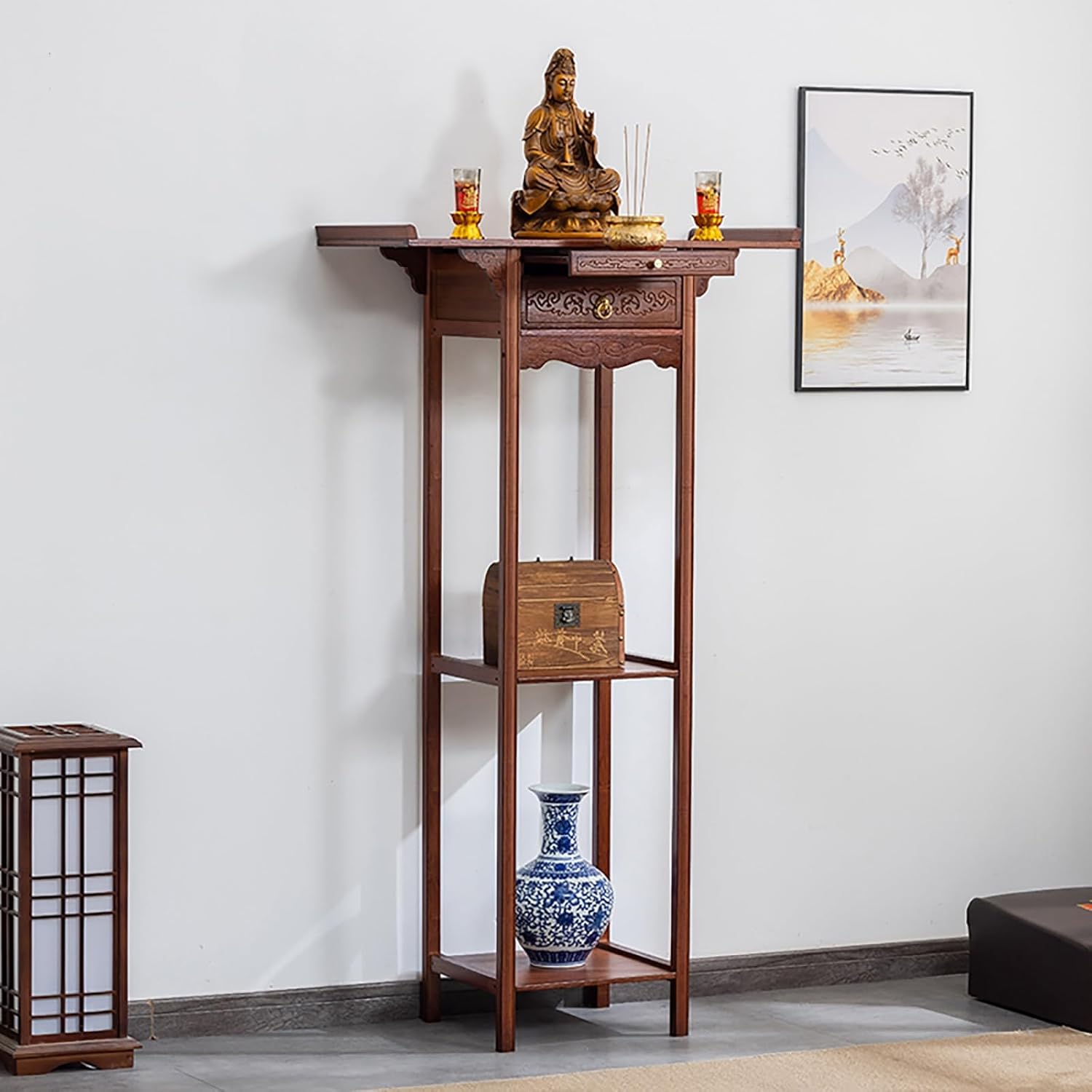 Personal Shrine Altar Table with Storage, Bamboo Meditation Altar Cabniat, Chinese Cabinet Offering Table Buddha Niche, for Living Room, Bedroom, Office(59cm/23.2in)