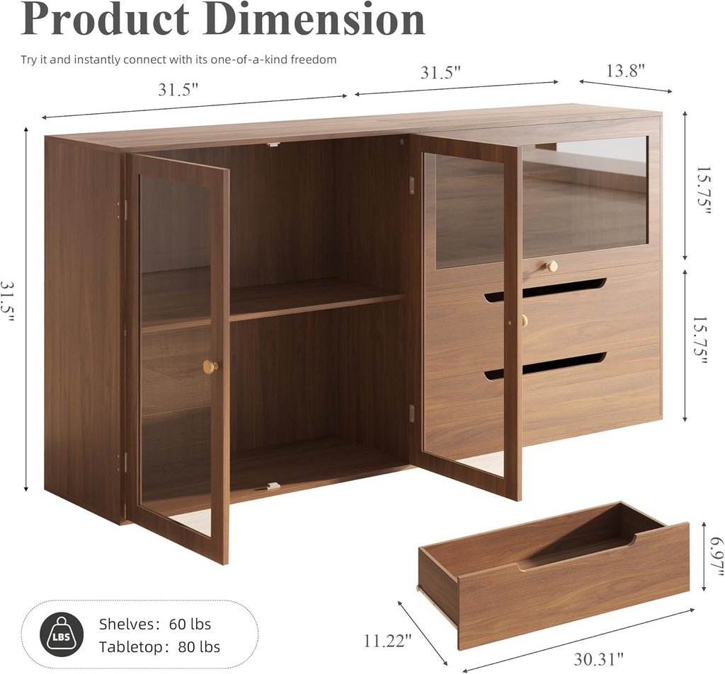 DIY Storage Cabinet 63'' Walnut - Glass Doors & Drawers Sideboard Buffet, Modern Coffee Bar for Living Room Kitchen Dining Entryway (Easy Assembly, Anti-Tip)