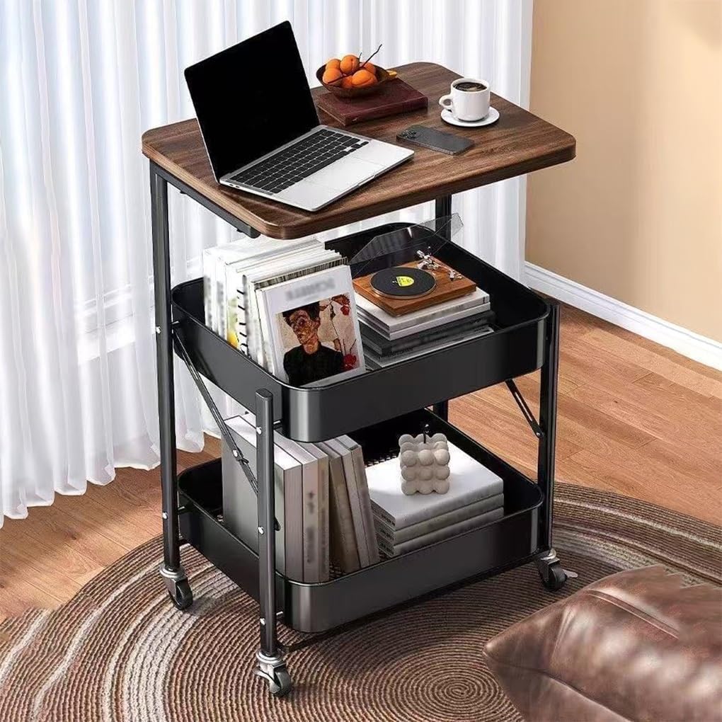 Foldable Narrow Modern Sofa Table with Open Storage Shelves, Movable Side Table End Table Snack Tables for Small Spaces Living Room Bedroom Bedside Balcony Kitchen(Black)