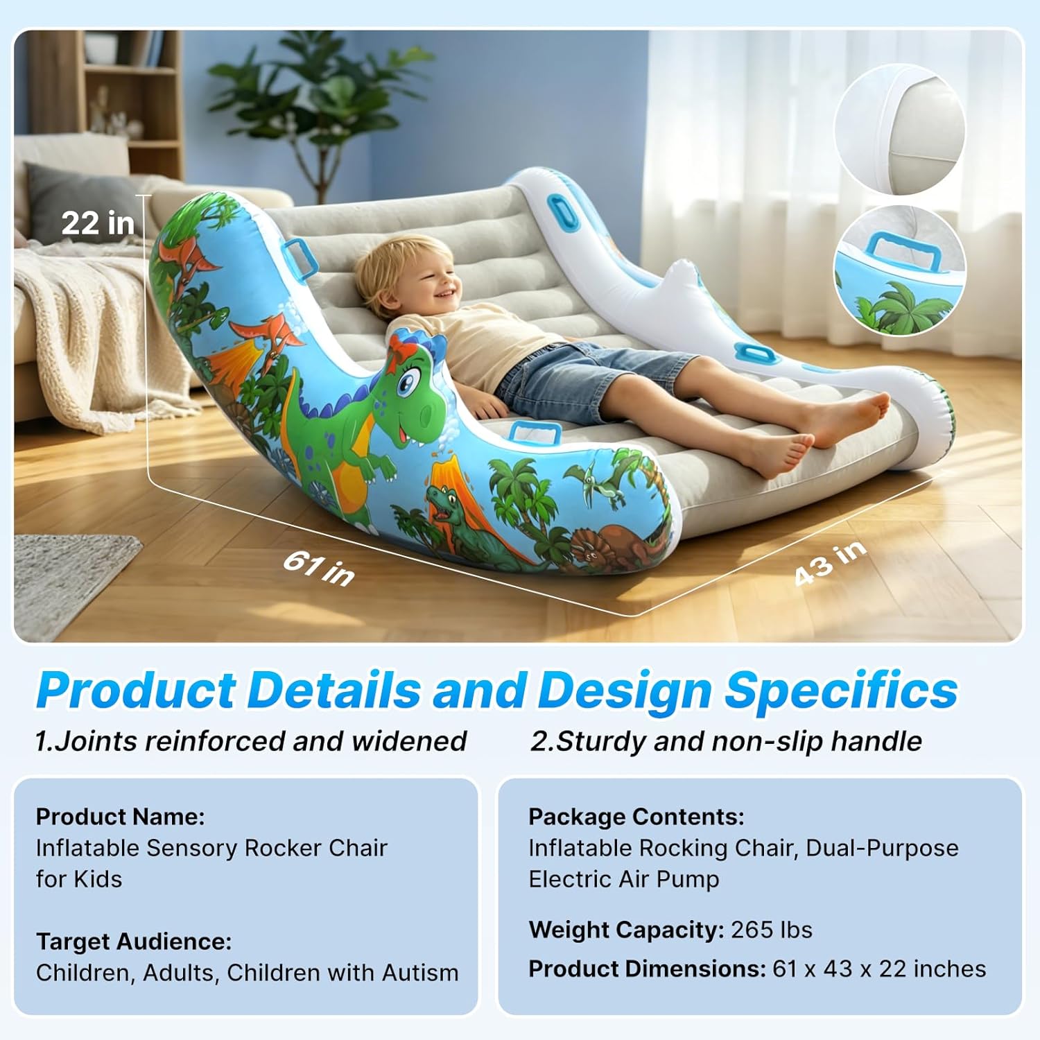 Sensory Inflatable Rocking Chair for Toddlers – Calming Sensory Chair for ADHD & Autism, Built-in Dual Function Air Pump, Inflatable Rocker for Sensory Room, Therapy, Relaxation, Gift for Boys & Girls