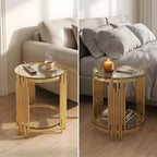 KEIKI 19.7''D Round Glass Side End Table with 2 Tiers, Accent Couch Sofa Bedside Table Night Stand for Living Room Bedroom Office, Tempered Glass-top, Artistic Stainless Steel Organ Pipe Design Legs