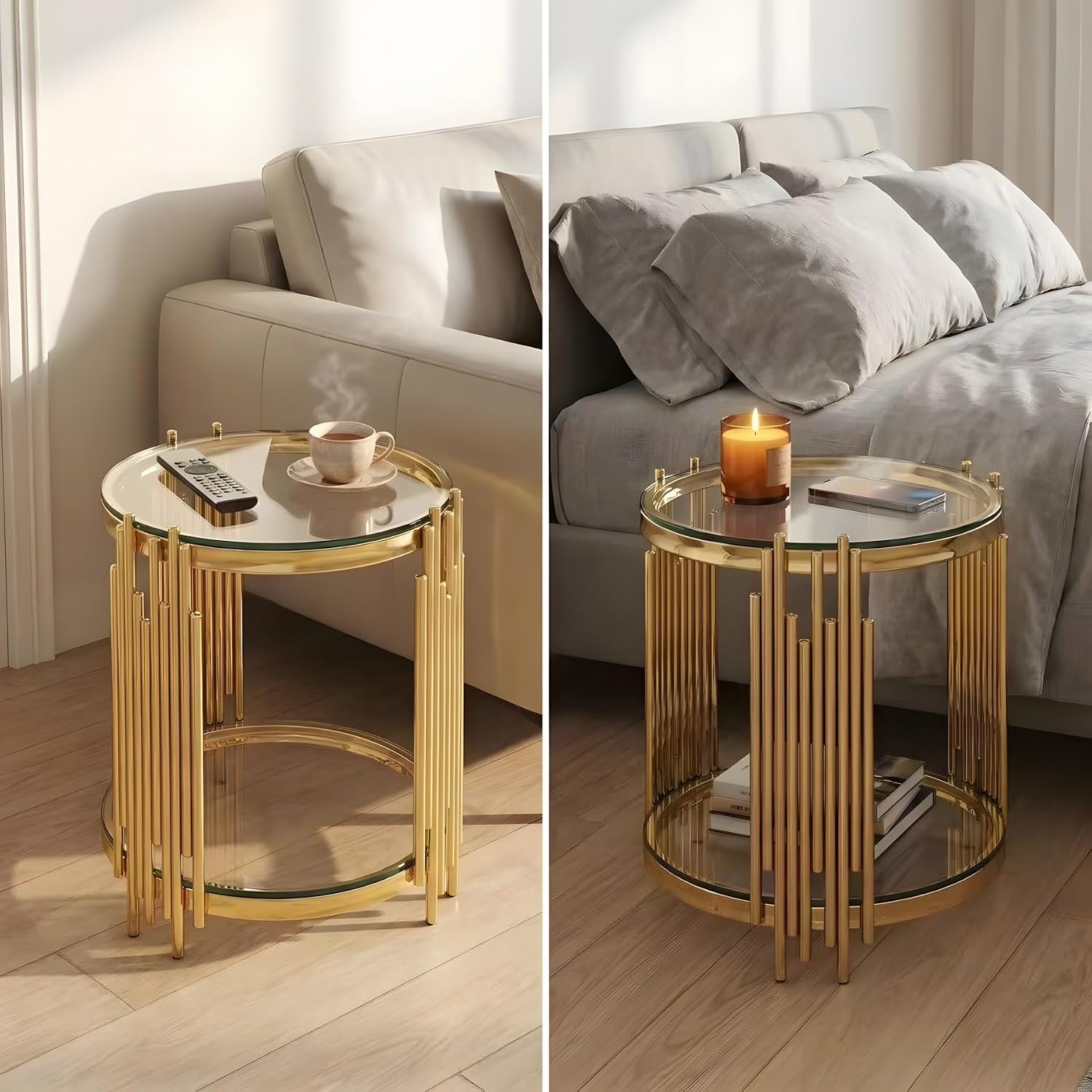 KEIKI 19.7''D Round Glass Side End Table with 2 Tiers, Accent Couch Sofa Bedside Table Night Stand for Living Room Bedroom Office, Tempered Glass-top, Artistic Stainless Steel Organ Pipe Design Legs