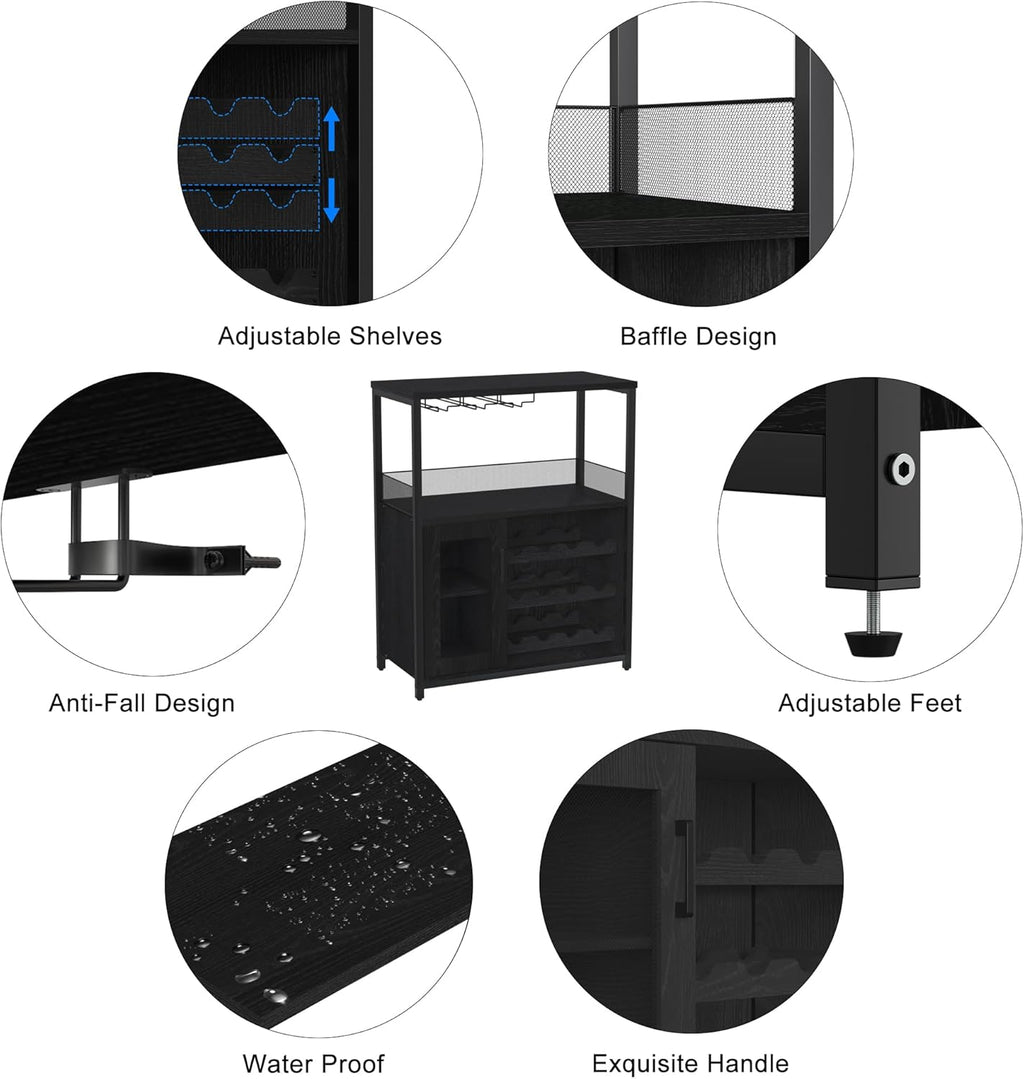 IDEALHOUSE Wine Bar Rack Cabinet with LED Light, Adjustable Shelves Coffee Bar Cabinet with Mesh Door and Baffle Design, 36 in Tall Small Liquor Bar Cabinet for Home, Kitchen, Dinning Room, Black