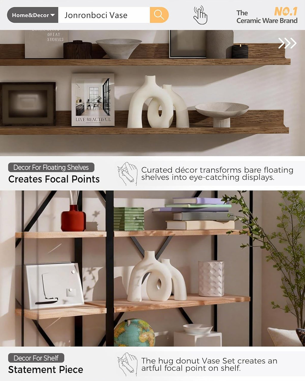 Hug Donut Decorative Vase Set - Modern Nordic Boho Style Vases Home Decor, Matte Ceramic Decorations for Living Room Shelf, Bookshelf Mantle Entryway Table or Console Décor (Cream White)