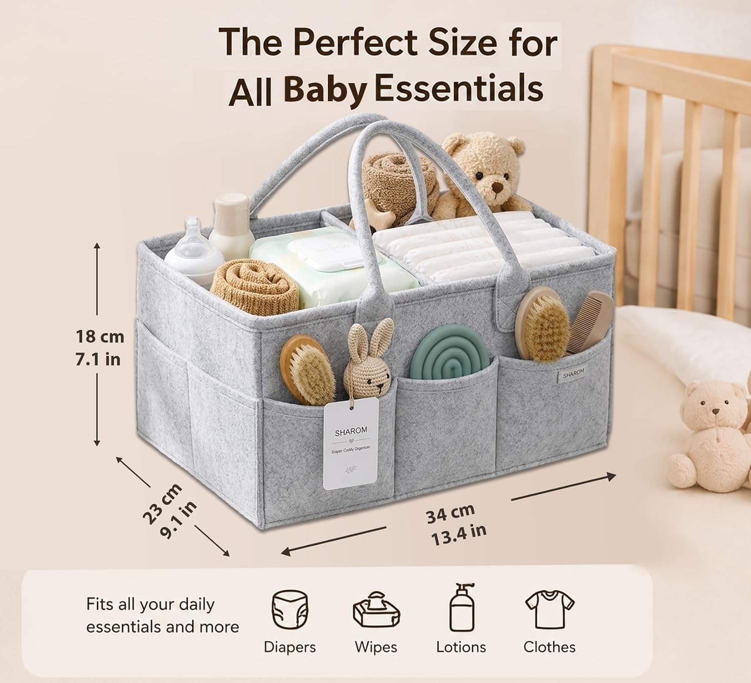 SHAROM Essential Baby Caddy for Newborns. Spacious, Sturdy & Portable Diaper and Nappy Caddy for Newborn Essentials, Nursery Storage Basket & Organiser for Baby Shower Gifts (Grey)