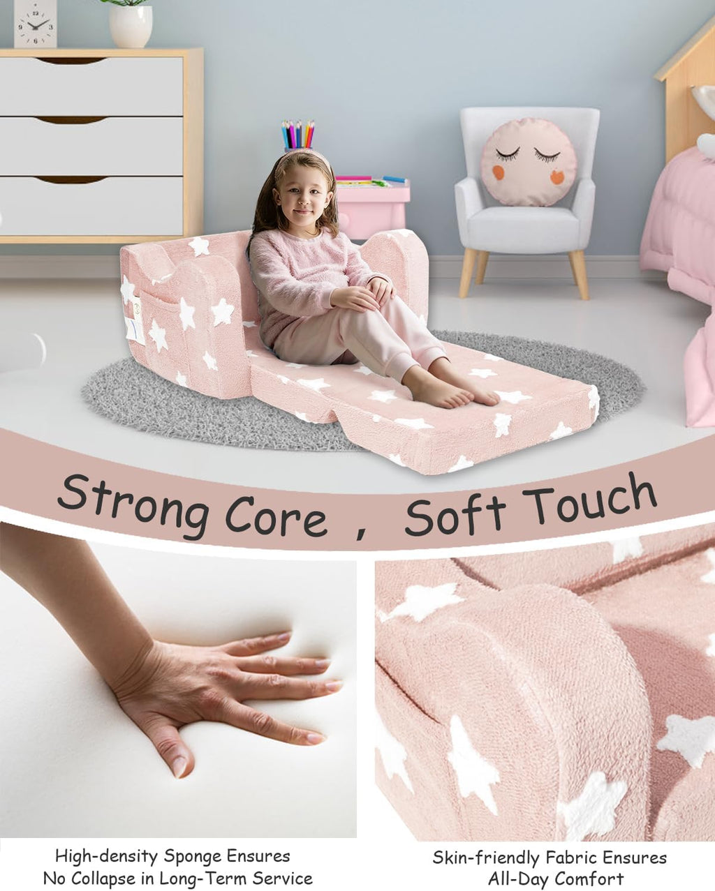 KokoSelene Toddler Couch, Kids Couch for Toddler Fold Out, 2-in-1 Convertible Kid Sofa to Lounger Bed for Girls and Boys, Ideal for Reading Sleeping Gaming Decor (Pink)