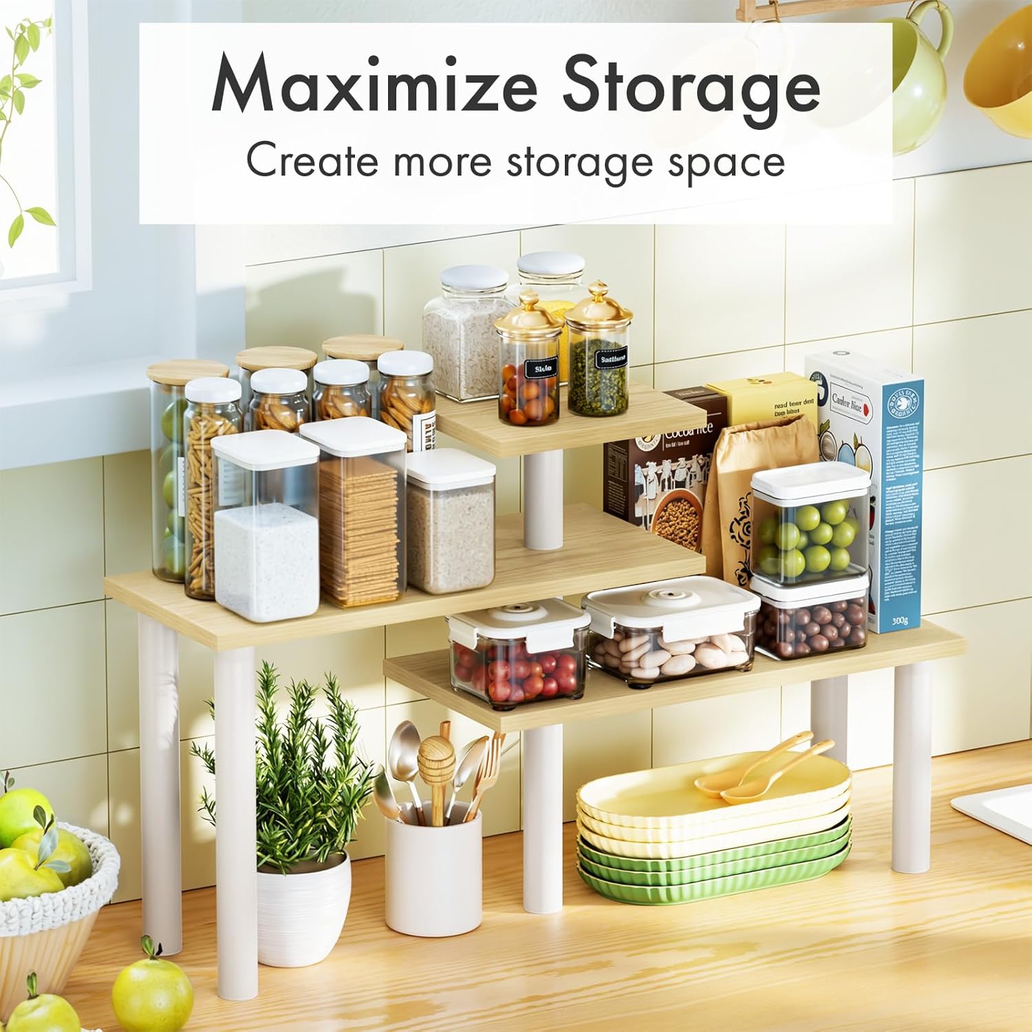 3-Tier Corner Countertop Organizer – Kitchen Counter & Bathroom Vanity Organizer, Coffee Bar Corner Shelf, Spice Rack Stand, L-Shaped Space-Saving Storage, Light, Wood