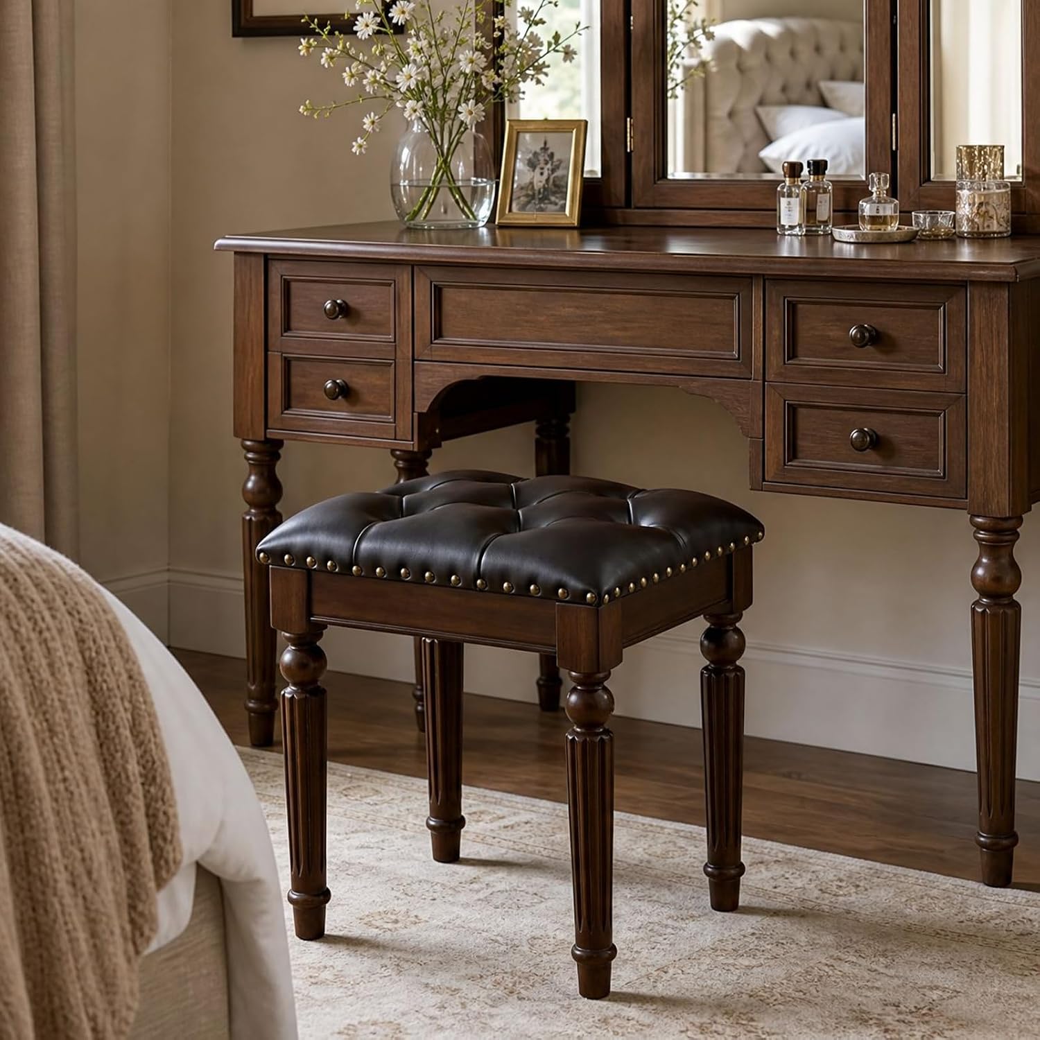 Black Faux Leather Vanity Stool | Small Tufted Bench, Nailhead Trim, Leatherette Seat, Carved Walnut-Finish Solid Wood Legs, Backless Makeup Stool