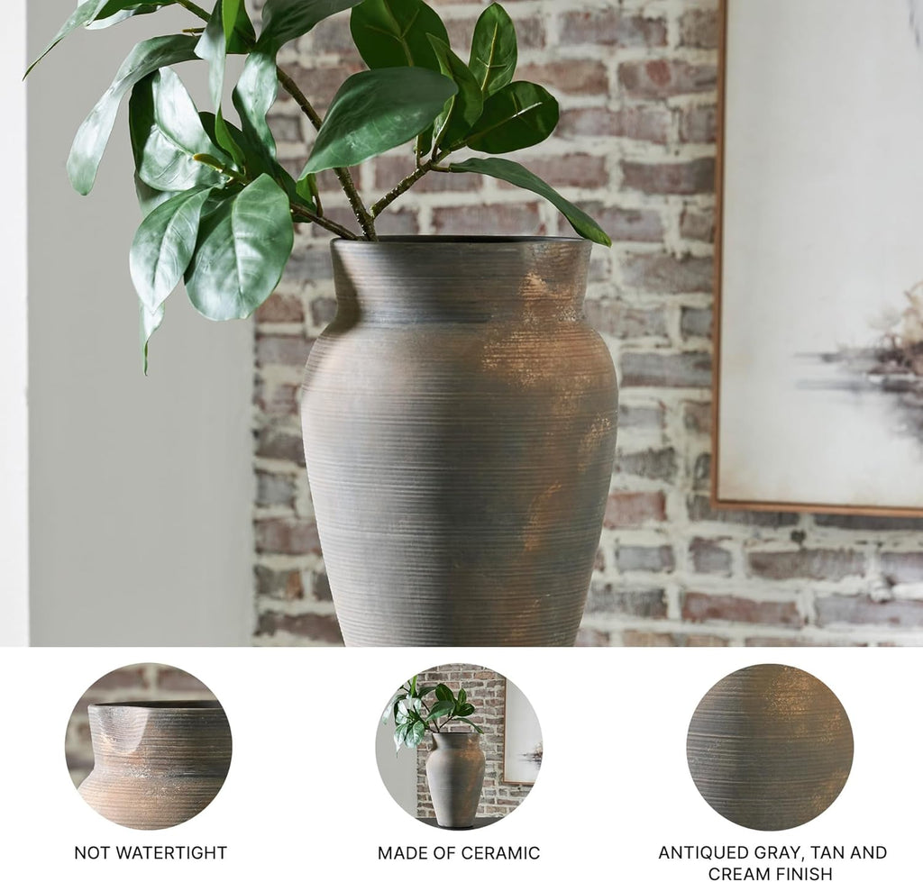 Signature Design by Ashley Brickmen Ceramic Vase, 15 Inch Tall Rustic Tabletop Accent, Textured Antique Gray Finish, Non-Watertight Decor for Faux and Dried Flowers, Gray and Tan