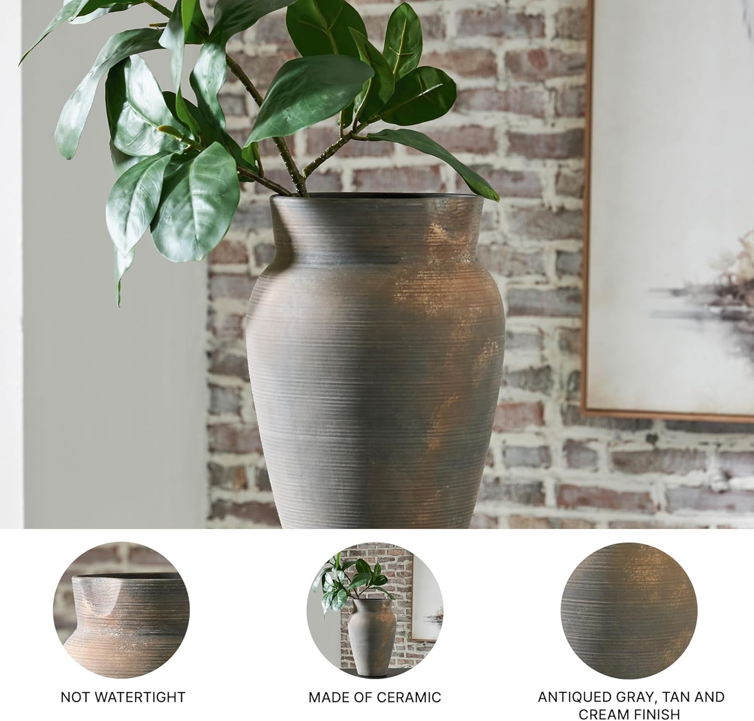 Signature Design by Ashley Brickmen Ceramic Vase, 15 Inch Tall Rustic Tabletop Accent, Textured Antique Gray Finish, Non-Watertight Decor for Faux and Dried Flowers, Gray and Tan