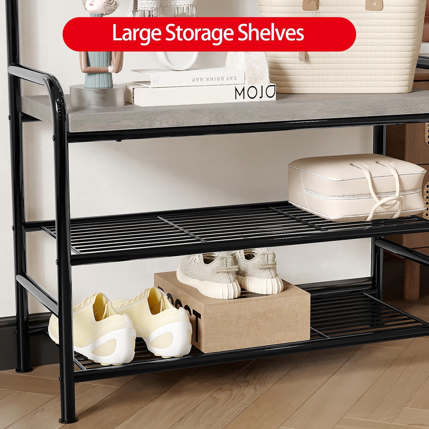GarveeHome Hall Tree Shoe Bench, 4 in-1 Entryway Storage Bench with 8 Sturdy Hooks, Freestanding Coat Rack for Small Spaces, Apartments, Bedroom, Rustic Gray