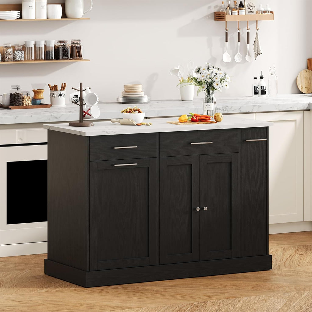 4 EVER WINNER Kitchen Island with Storage, Kitchen Island Cart on Wheels with Trash Can Cabinet, Spice Rack & Towel Rack, Kitchen Island Table with Faux Marble Countertop, Black