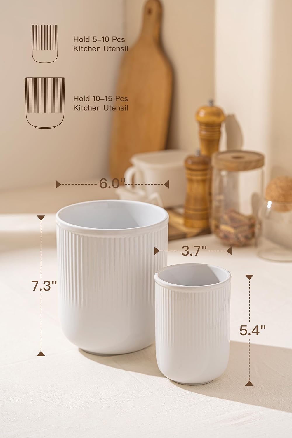 FOBENTA Utensil Holder, 7.3’’+5.4’’ Ceramic Kitchen Utensil Holder for Countertop, Large Utensil Crock–Cooking Utensil Organizer for Spatula & Spoon, Modern Kitchen Decor, Set of 2, White
