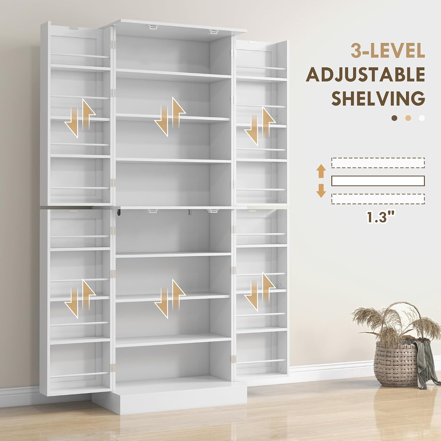 65" Kitchen Pantry Cabinet, Modern Storage Cabinet with Doors and Shelves, Freestanding Cupboard for Dining Room, White,13.8 * 23.6 * 65.4