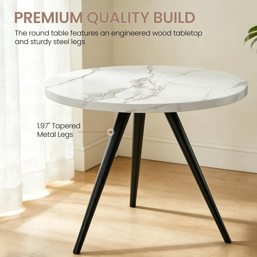 34.6" Round Dining Table Set for 4, Modern Kitchen Coffee Table Set with 4 Upholstered Leather Chairs, MDF Small Space Saving Dining Room Table and Chairs Set (White Table+4 Beige Chairs)