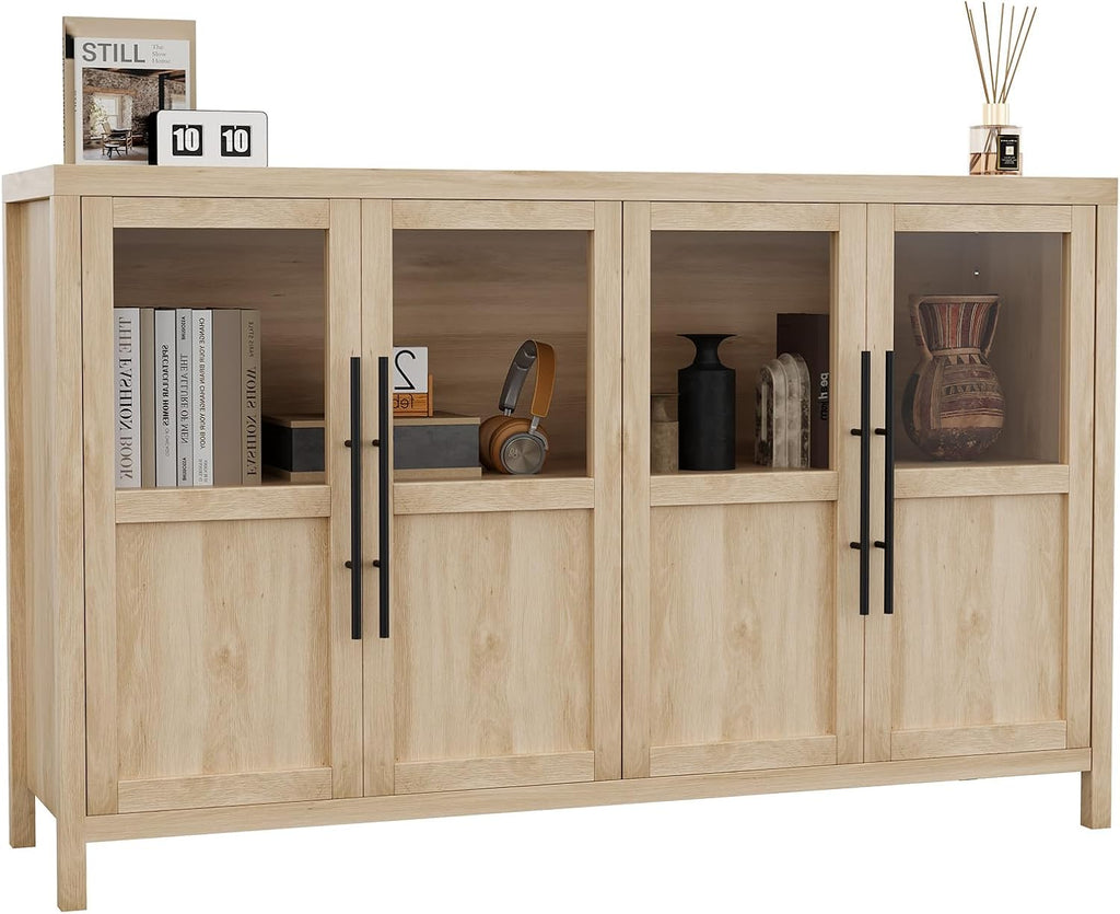 GarveeHome Sideboard Buffet Cabinet with 4 Glass Doors, 55 in Buffet Table Coffee Bar Wine Bar Display Cabinet for Kitchen Dining Room, Living Room (Glass with 4 Doors, Natrual)
