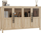 GarveeHome Sideboard Buffet Cabinet with 4 Glass Doors, 55 in Buffet Table Coffee Bar Wine Bar Display Cabinet for Kitchen Dining Room, Living Room (Glass with 4 Doors, Natrual)