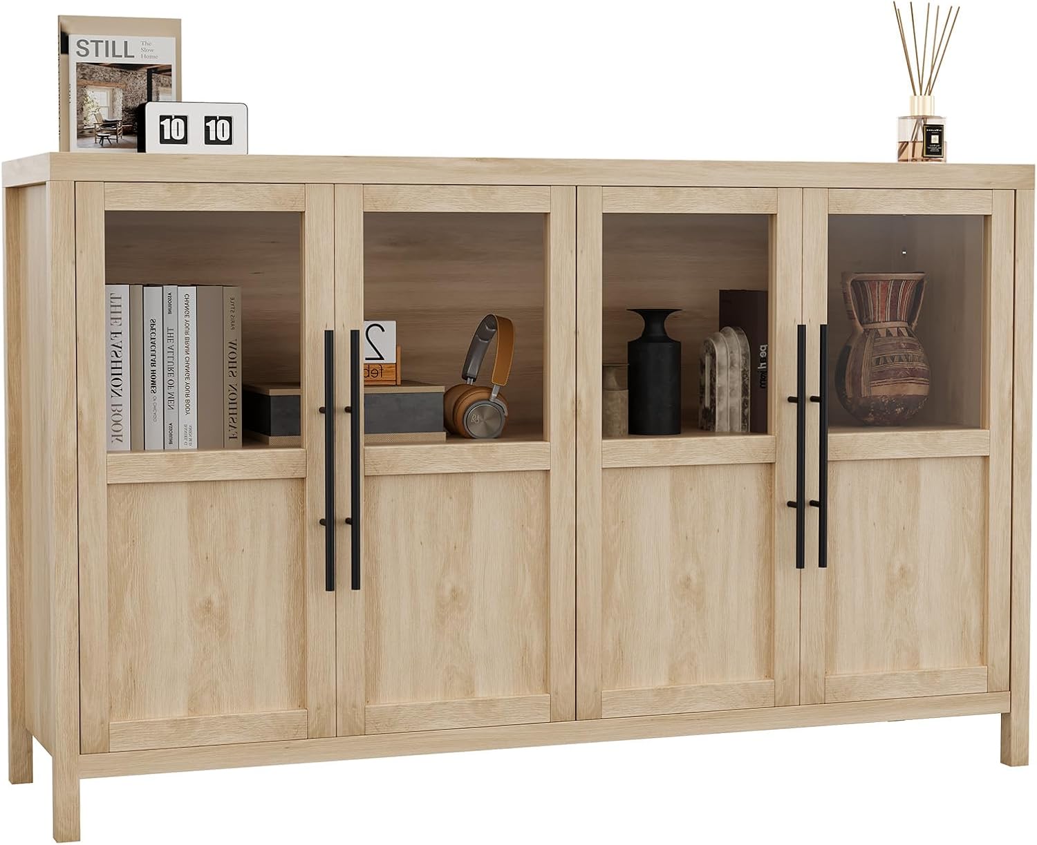 GarveeHome Sideboard Buffet Cabinet with 4 Glass Doors, 55 in Buffet Table Coffee Bar Wine Bar Display Cabinet for Kitchen Dining Room, Living Room (Glass with 4 Doors, Natrual)
