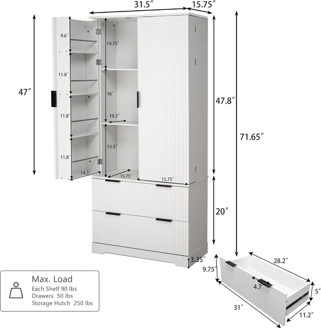 Polibi 72" Freestanding Fluted Kitchen Pantry Cabinet with 2 Large Drawers & 8-Door Spice Rack, Storage Organizer for Dining Room, Office, Entryway, or Hallway (White)