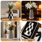 2 Pcs Black and White Ceramic Vase, Mid Century Modern Striped & Checkered Vases for Flower & Pampas Grass Centerpiece, Minimalist Decorative Vase for Dining Table Kitchen Tabletop