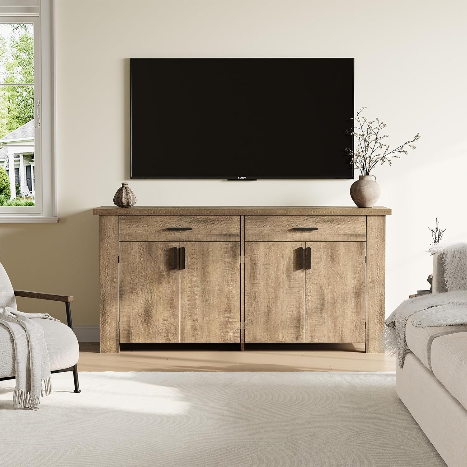 ONBRILL 61 Inch Sideboard Buffet Cabinet with Storage, Buffet Cabinet with 2 Drawers & 4 Doors, Farmhouse Sideboard with Adjustable Shelves, Coffee Bar Cabinets for Living Room, Kitchen, Rustic Brown