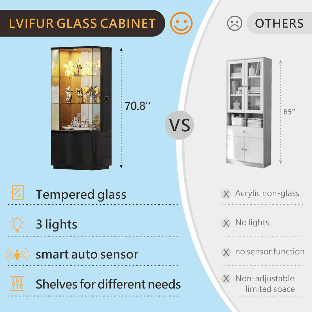 Gurexl 71" Tall Glass Display Cabinet - with LED Lights & Human Sensor, Locking Curio Cabinet with Adjustable Shelves, Modern Bookcase Display Case for Collectibles, Toys, Books, Living Room,Black