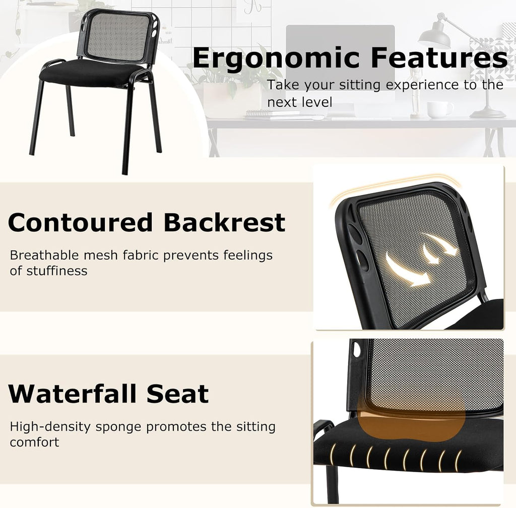 Tangkula Set of 10 Waiting Room Chairs, Stackable Reception Guest with Mesh Backrest, Waterfall Seat, Metal Frame & Carrying Handles, Office Desk Meeting Room Chairs for Lobby, Black