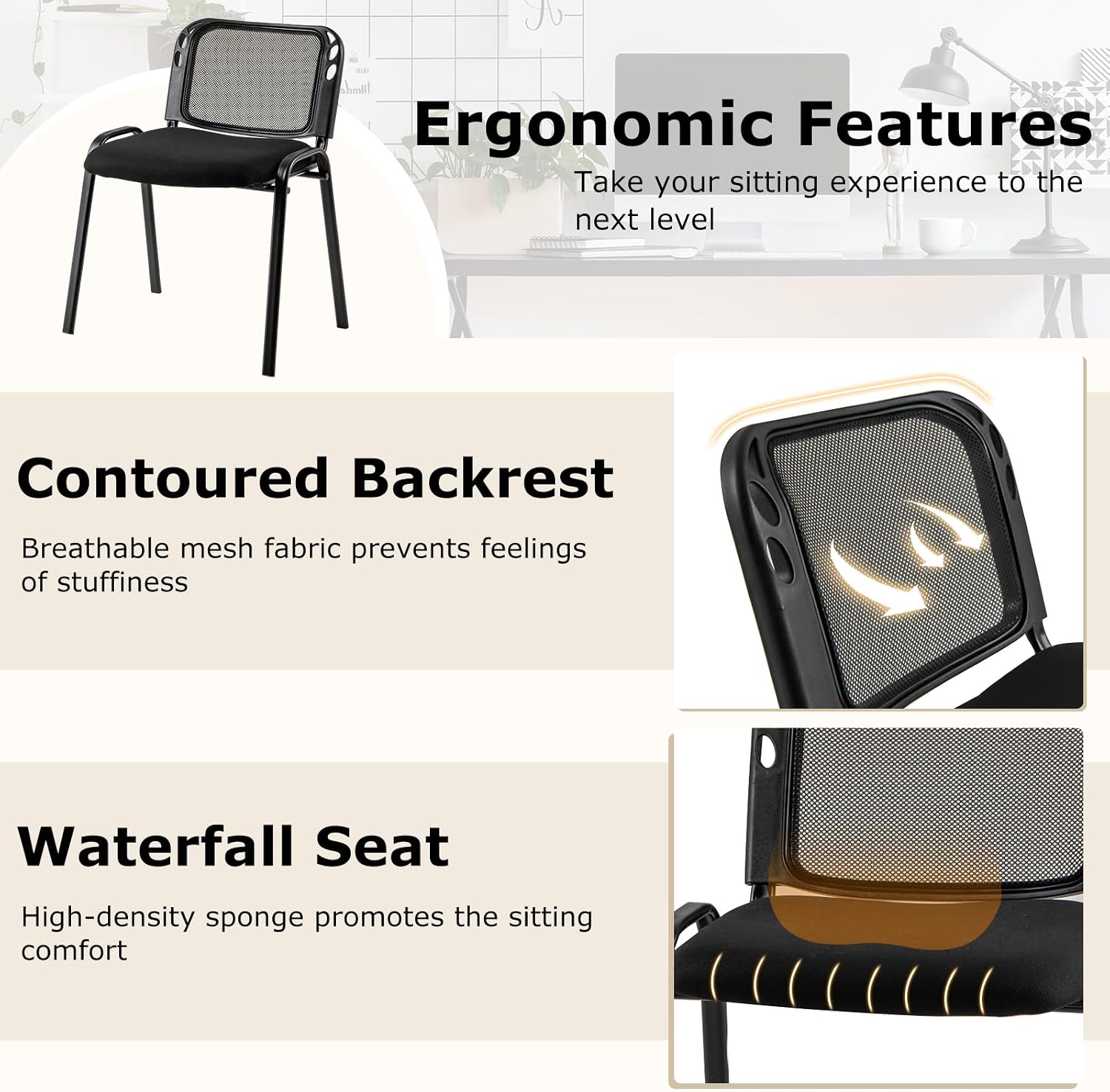 Tangkula Set of 10 Waiting Room Chairs, Stackable Reception Guest with Mesh Backrest, Waterfall Seat, Metal Frame & Carrying Handles, Office Desk Meeting Room Chairs for Lobby, Black