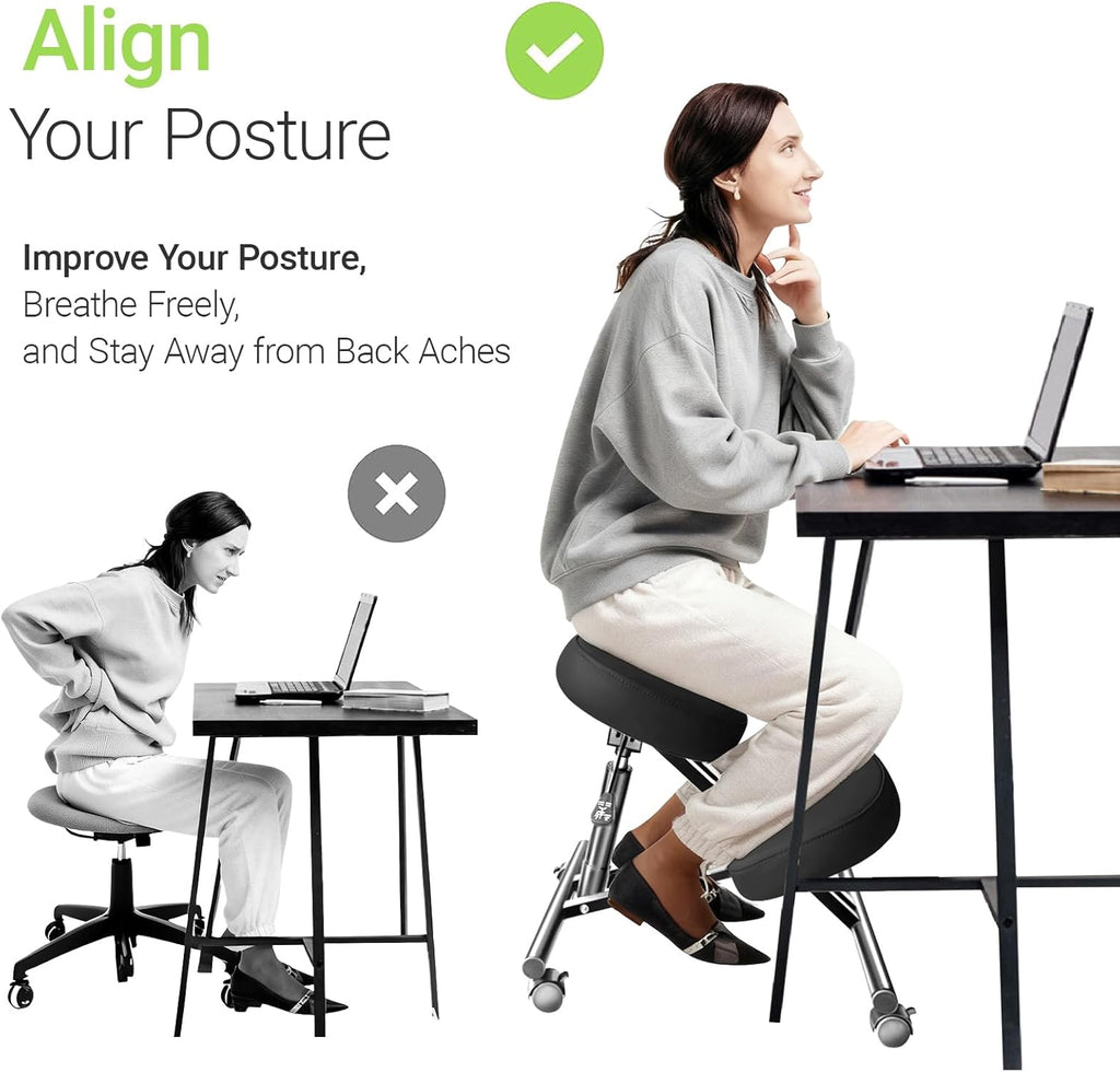 PU Leather Ergonomic Kneeling Chair, Adjustable Home and Office Stool with Thick Pads and Flexible Lockable Brake Wheels for Back Pain Relief (Black)