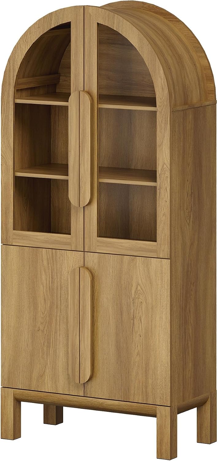 WAMPAT 71" Tall Arched Kitchen Pantry Cabinet with Glass Door, Modern Farmhouse Arched Bookcase with Adjustable Shelves, 5 Tiers Display Cabinet Bookcase for Kitchen, Living Room, Walnut (1 PC)