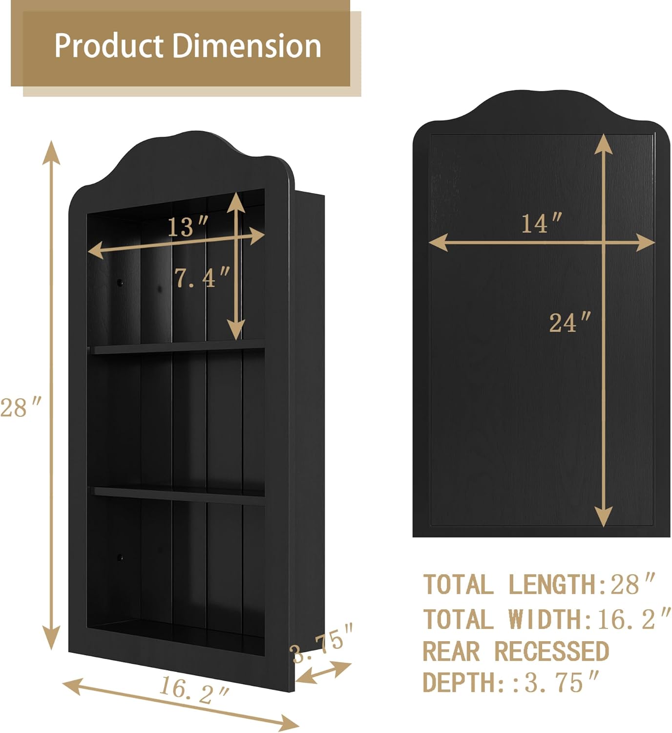 CJL 14'' x 24'' Victorian Recessed Medicine Cabinet, Solid Wood in-Wall Bathroom Cabinet, Wall Niche Shelf, 3-Tier, No MDF, Black