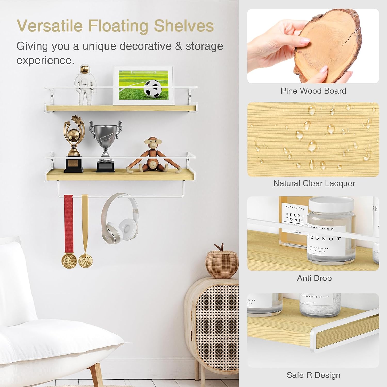 Forbena Floating Shelves for Wall with Rail, White and Natural Wood Nursery Book Shelves for Baby Girls Boys Kids Room Bedroom, Hanging Bookshelves Wall Mounted for Books, Toys, Bathroom (Set of 2)