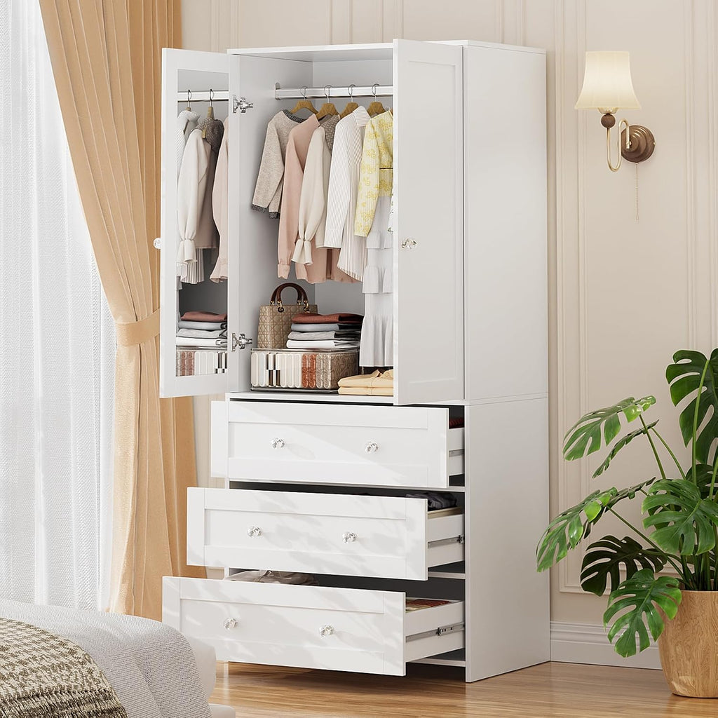 VOWNER 71" Tall Armoire Wardrobe Closet with Drawers and Mirror | Clothing Storage Cabinet with Hanging Rod, 2 Doors Wooden Wardrobe Cabinet for Bedroom, Large Capacity Storage (White)