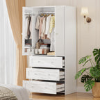 VOWNER 71" Tall Armoire Wardrobe Closet with Drawers and Mirror | Clothing Storage Cabinet with Hanging Rod, 2 Doors Wooden Wardrobe Cabinet for Bedroom, Large Capacity Storage (White)