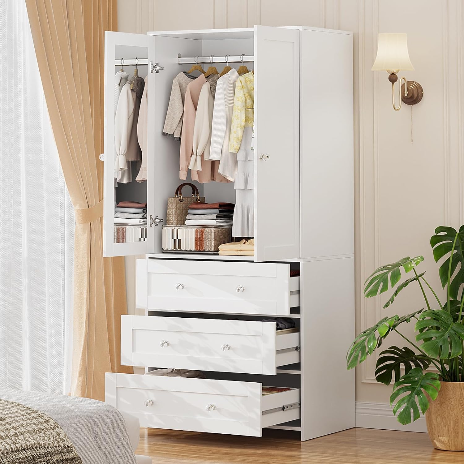 VOWNER 71" Tall Armoire Wardrobe Closet with Drawers and Mirror | Clothing Storage Cabinet with Hanging Rod, 2 Doors Wooden Wardrobe Cabinet for Bedroom, Large Capacity Storage (White)